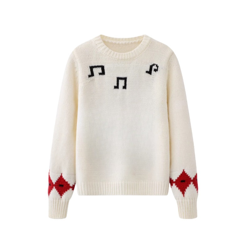 White Sweater with Playful Music Note Motif