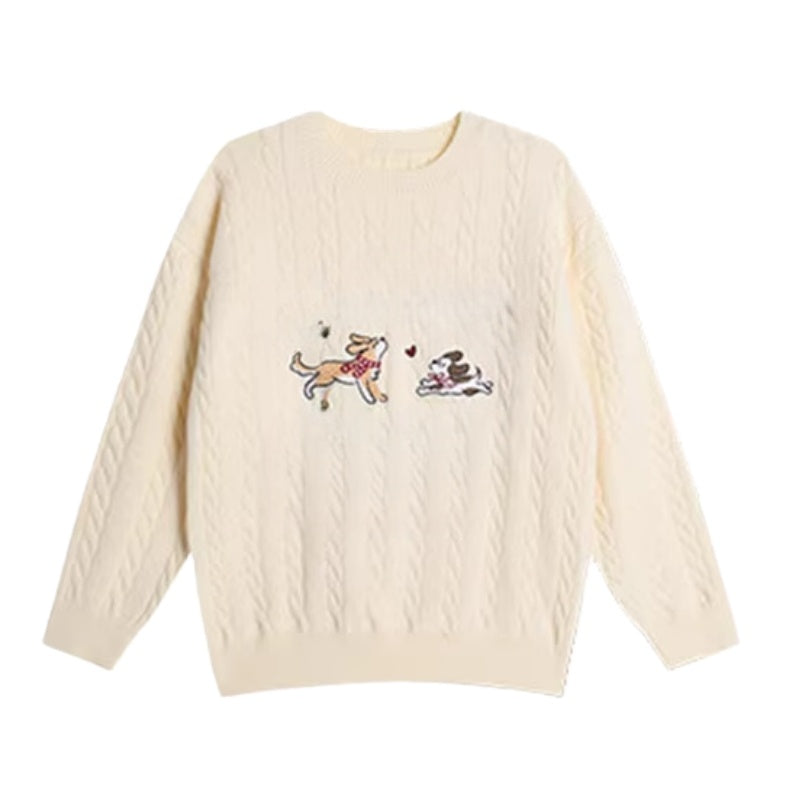 Playful Cartoon Embroidered Cable Sweater