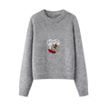 Cartoon Embroidered Simple Sweater Grey