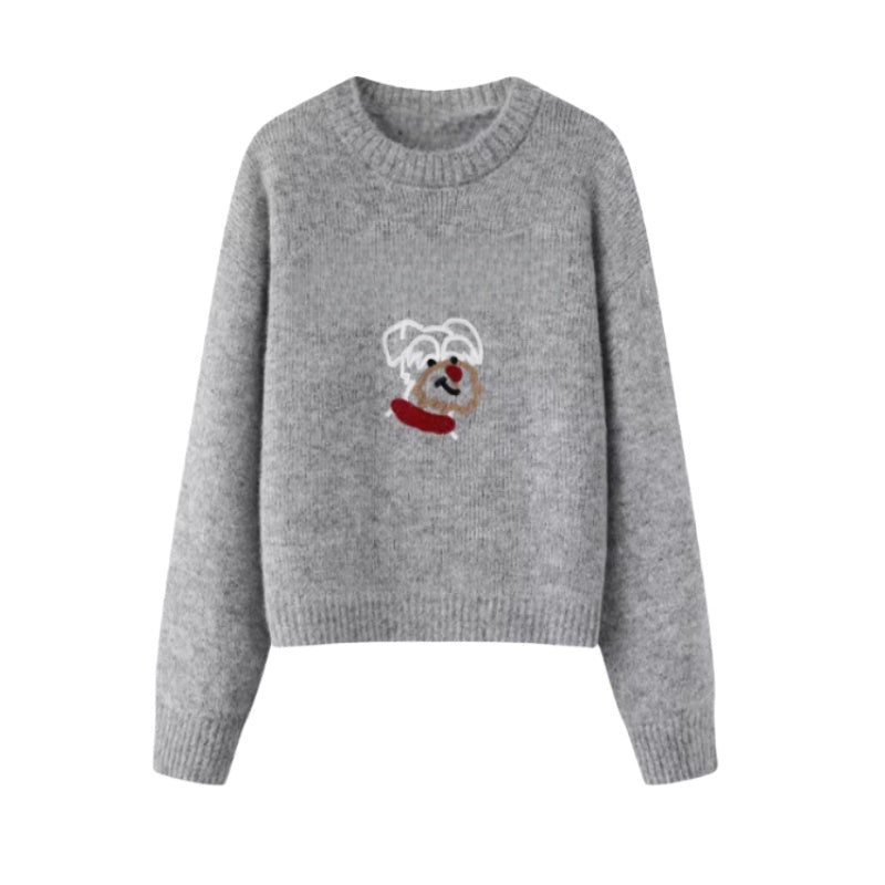 Cartoon Embroidered Simple Sweater Grey