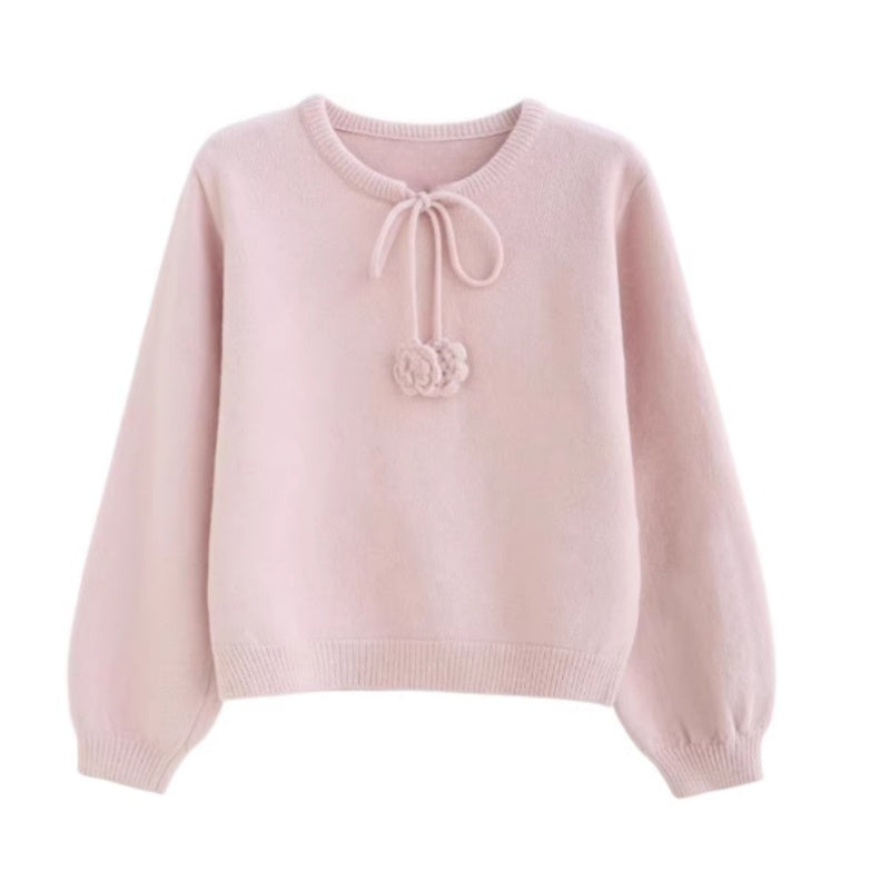 Pink Sweater With Floral Drawstring Detail