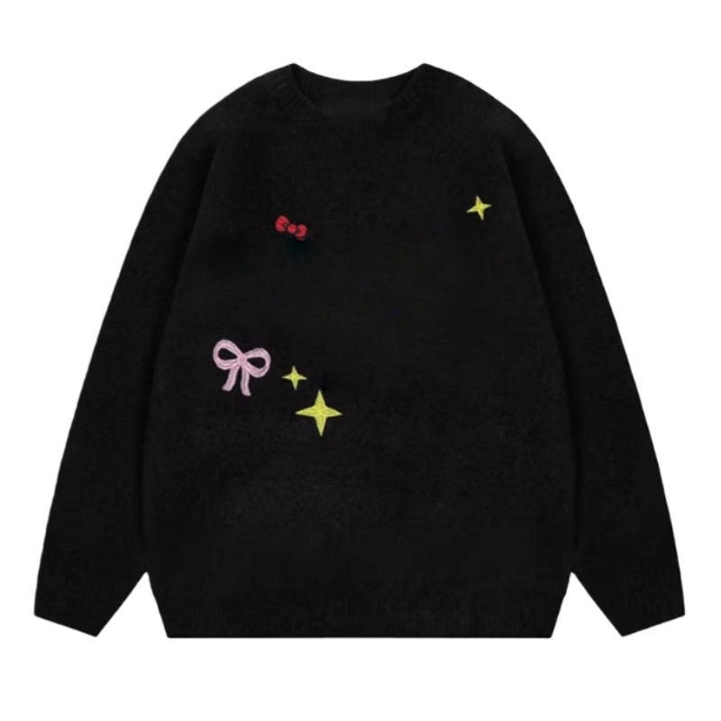 Embroidered And Printed Simple Black Sweater