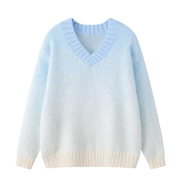 Gradient-Colored Loose-Fitting V-Neck Sweater